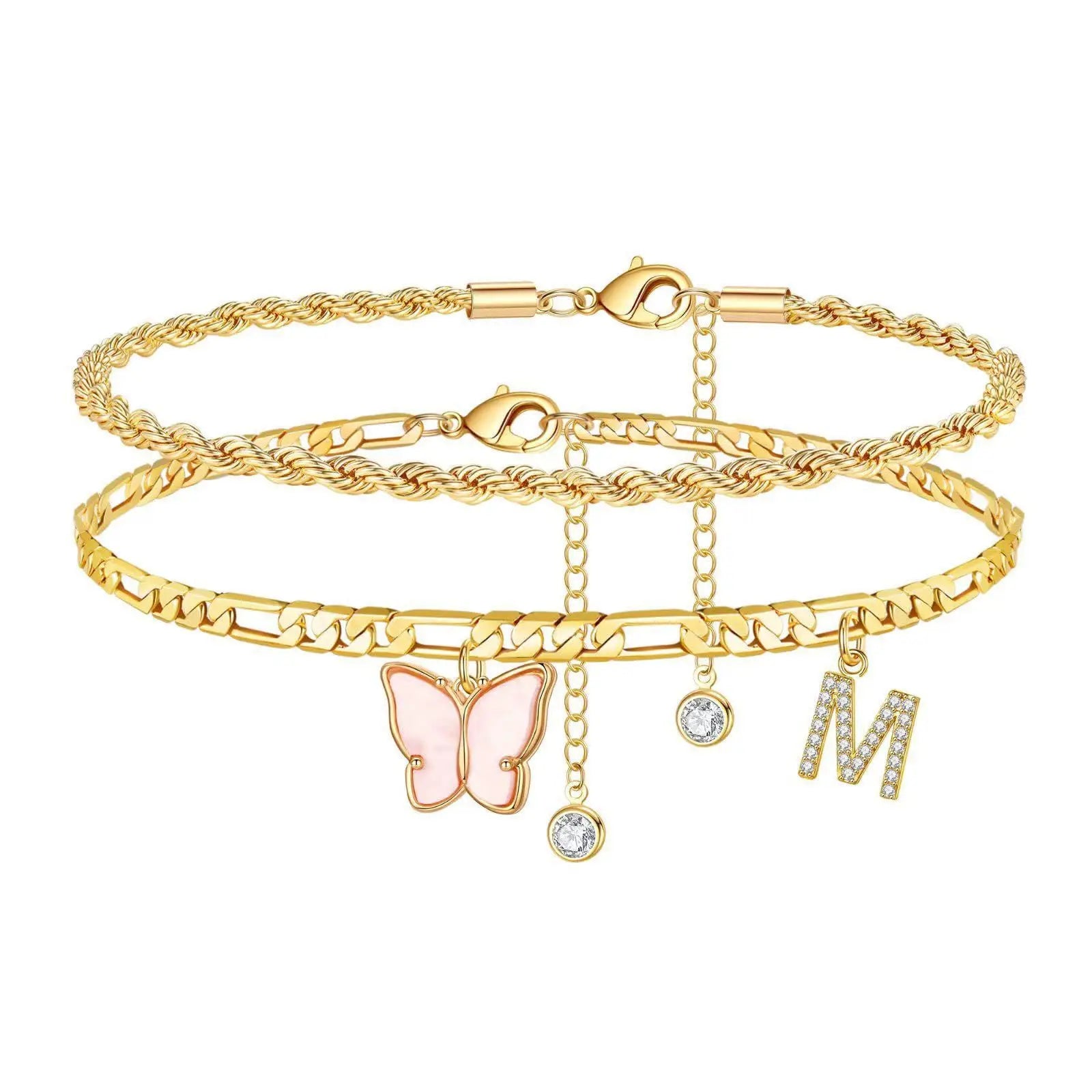 2Pcs Stainless Steel Initial Anklet Set For Women 26 Letter Acrylic Butterfly Charm Chain On Foot Summer Ankle Bracelet Jewelry Vera Lux