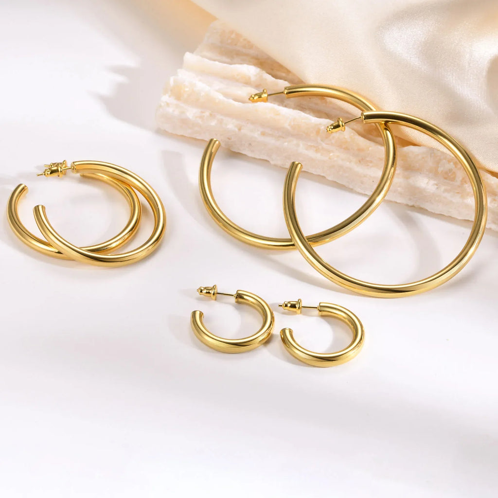 Waterproof Chunky Circle Hoop Earrings For Women, Gold Plated Stainless Steel Loop Earring 25/42/50/63mm Vera Lux
