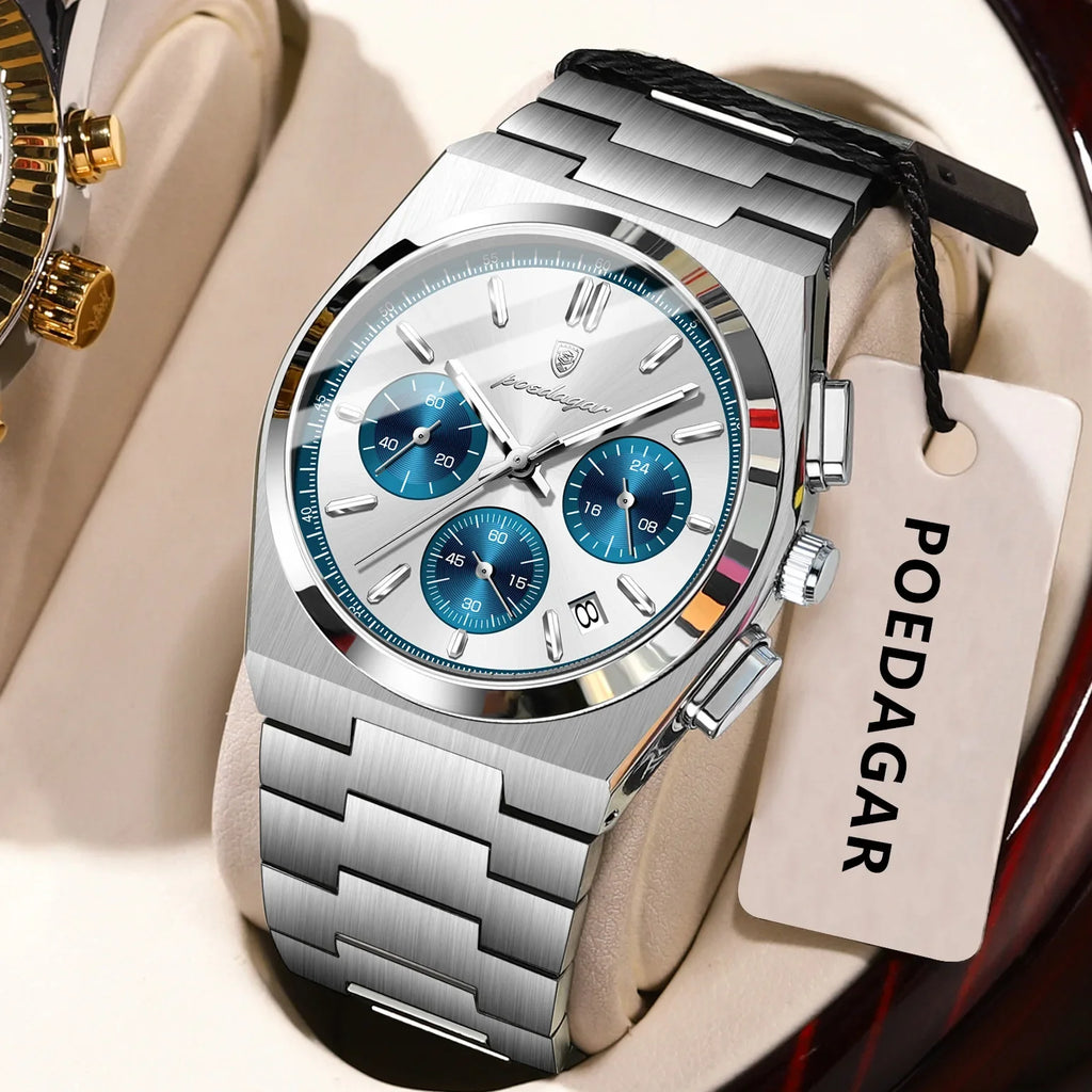 POEDAGAR Luxury Man Watch Chronograph Date Stainless Steel Sport Men Wristwatch Waterproof Luminous Fashion Quartz Men's Watches Vera Lux