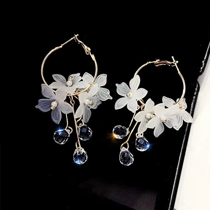 New korean Sweet Transparent Crystal Flower Drop Earrings For Women Temperament Long Tassel Earrings Female Elegant Jewelry Gift Vera Lux
