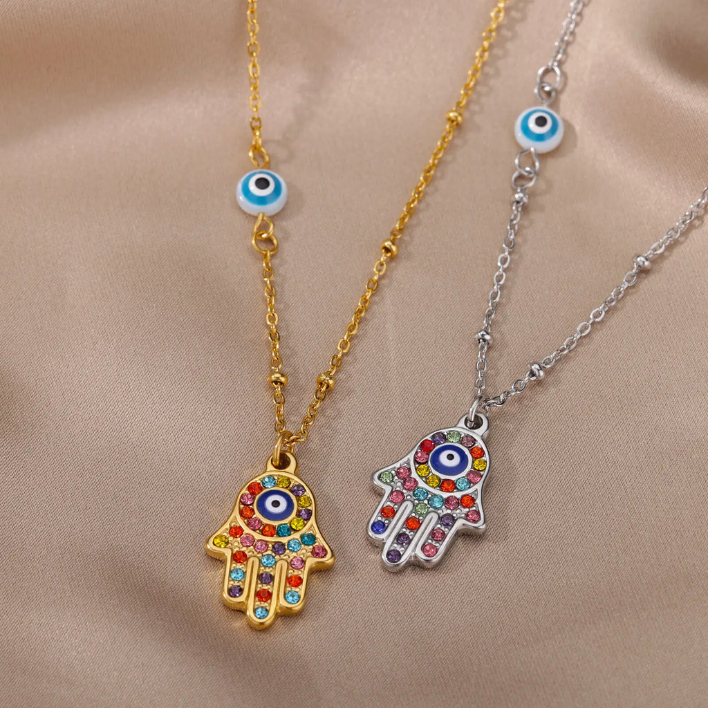 Zircon Evil Eye Pendant Necklace For Women Stainless Steel Turkish Eye Fatima Hand Chain Choker Collar Goth Jewelry onlyfans Vera Lux