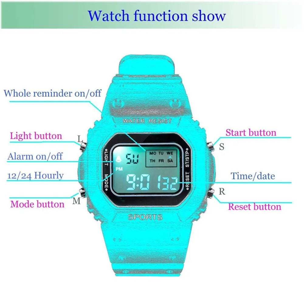 Sports Electronic Watch Men and Women Square Junior High School High School Students White LED Digital Watches Vera Lux