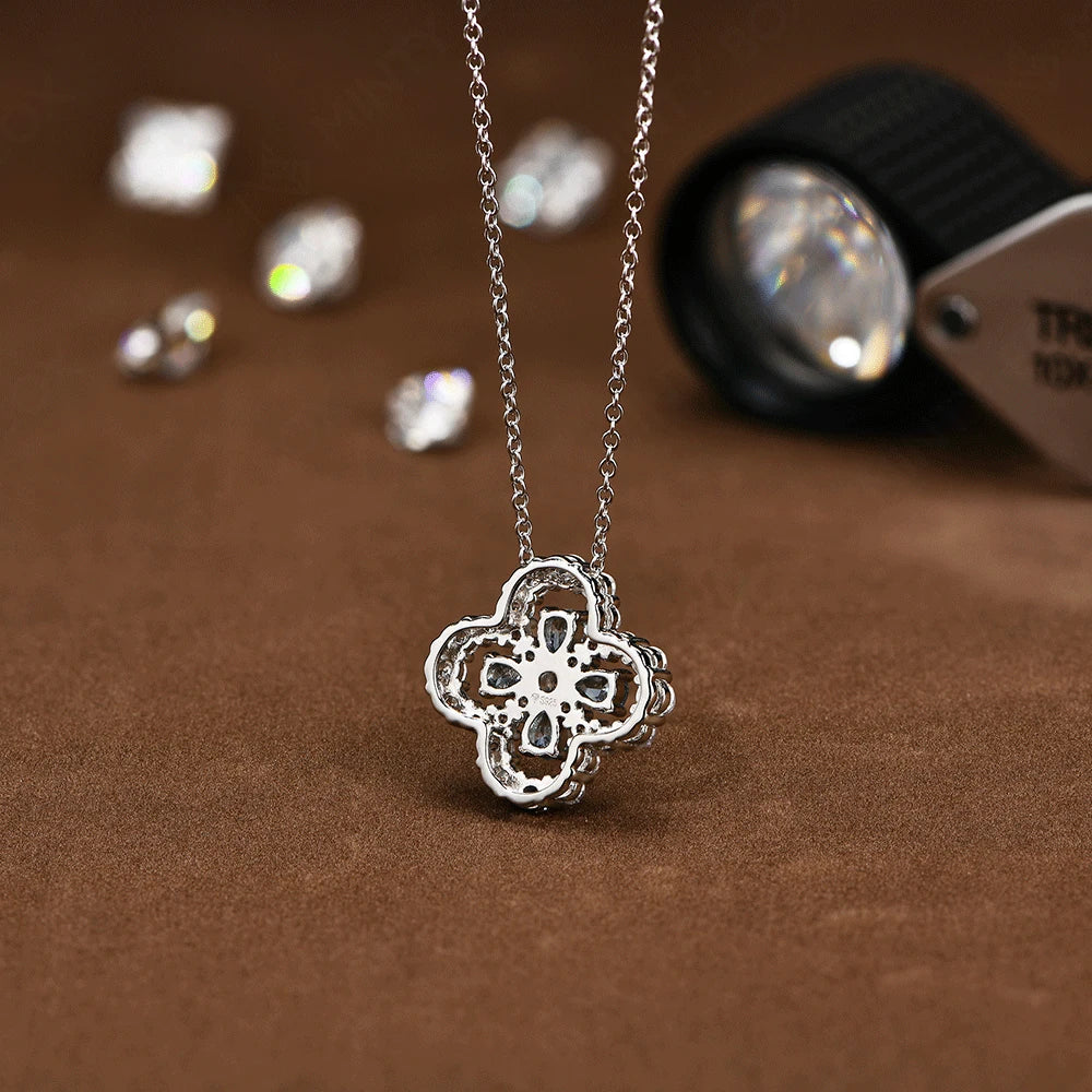 MINTYBOX S925 Silver Moissanite Diamond Loop Full Motif Pendant Clover Diamond White Gold Necklaces for Women Girls Jewelry Gift Vera Lux