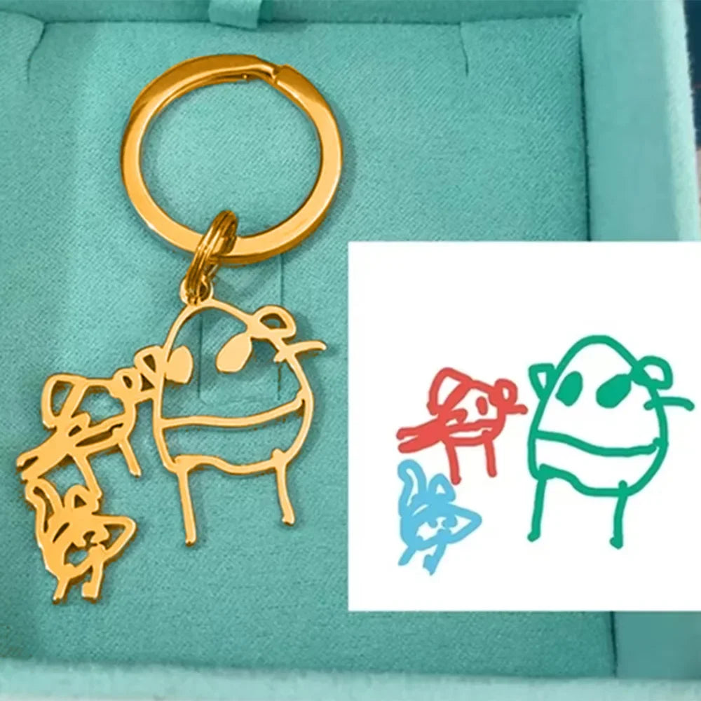 Custom Stainless Steel Children Drawing Pendant Keychain Kids Artwork Personalized Photo Logo Keyring Key Chains Jewelry Gifts Vera Lux