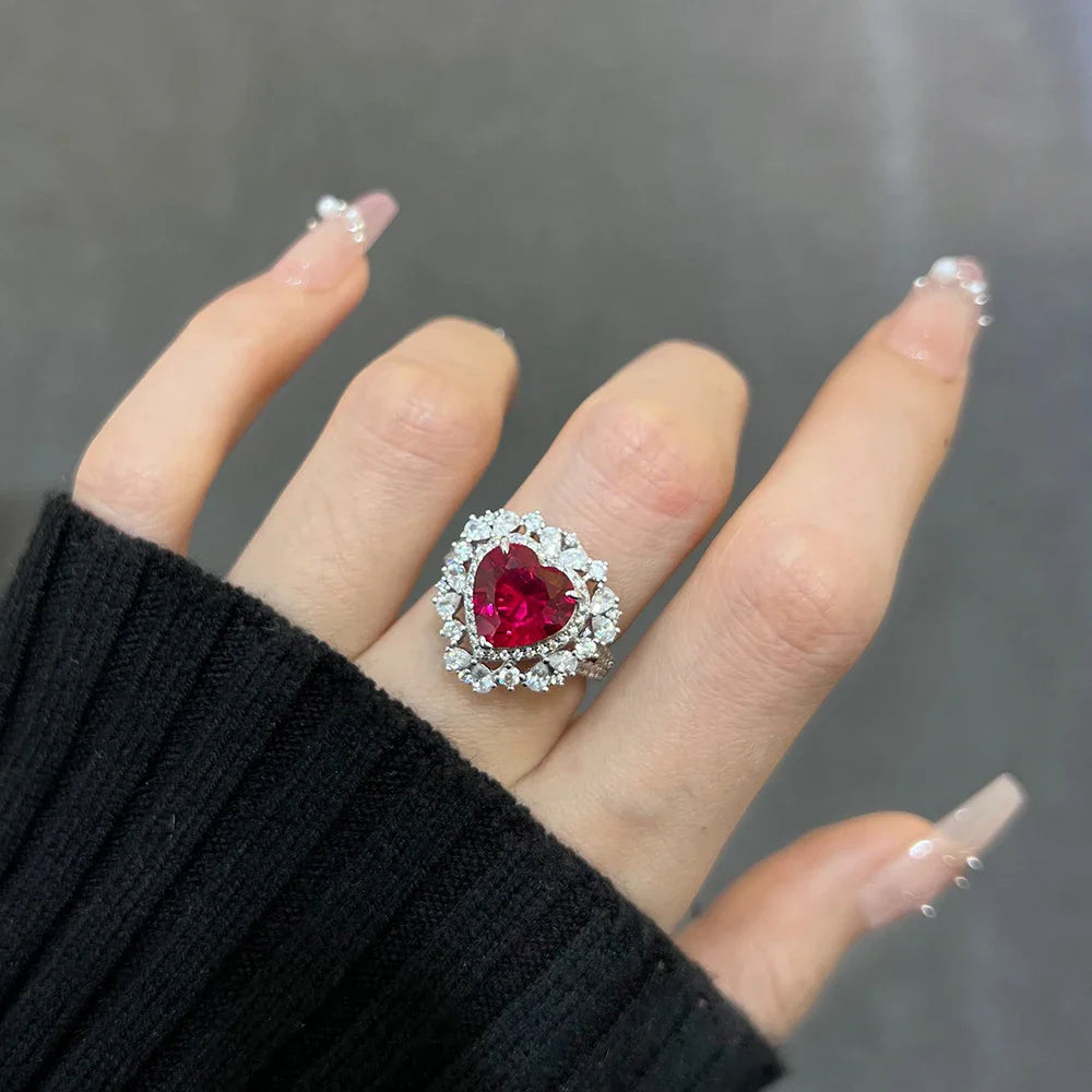 MINTYBOX 4.0CT Heart Ruby Rings for Women S925 Sterling Sliver 10*10MM Gemstone Engagement Wedding Rings Fine Jewelry Party Vera Lux