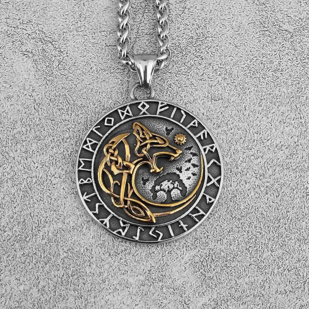 Norse Mythology Viking Wolf Necklaces Men Stainless Steel Viking Runes Vegvisir Amulet Pendant Scandinavian Vintage Male Jewelry Femstylo