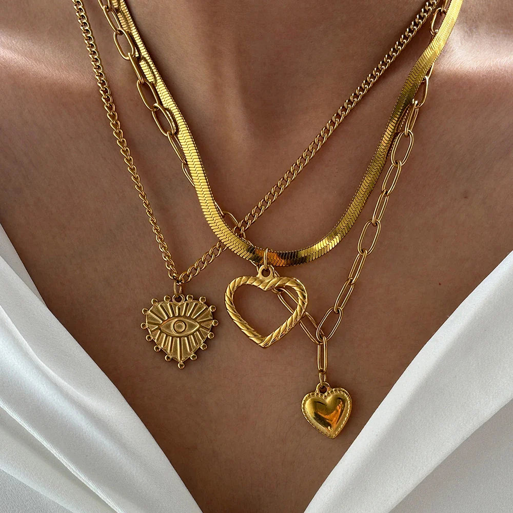 Stainless Steel Necklace Vintage Noble Texture Unique Heart Pendant Multi-style Chain Fine Necklace For Women Jewelry Party Wear Vera Lux