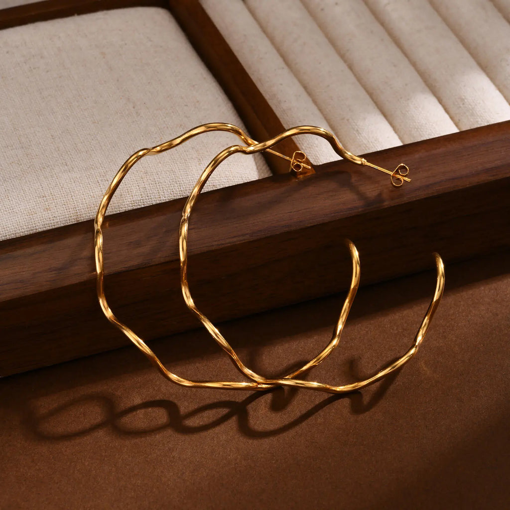 Open Hoop Earrings Women, Minimalist 18K Gold Plated Large Earrings Wave Shape Big Hoops,Stainless Steel Jewelry Vera Lux