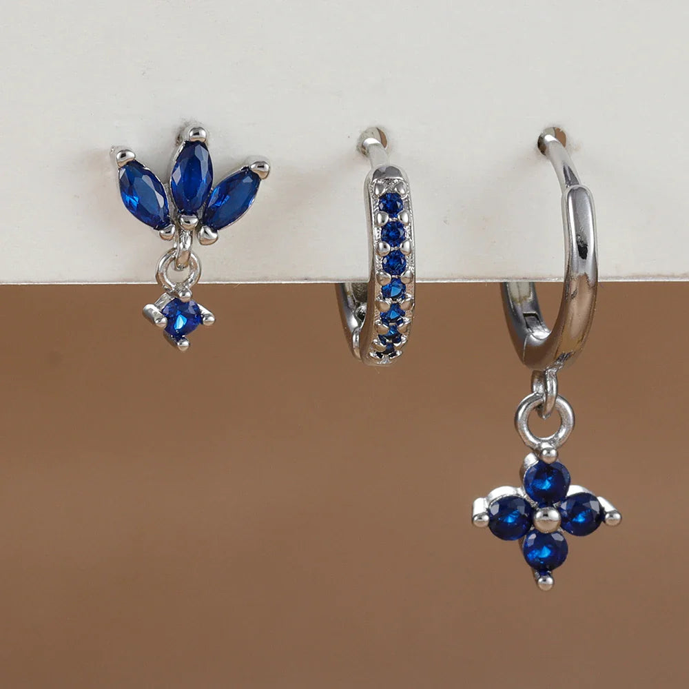 3PCS Fashion Orange Blue Zircon Hanging Earrings Set for Women Stainless Steel Flower Dangle Earring Piercing Jewelry Vera Lux