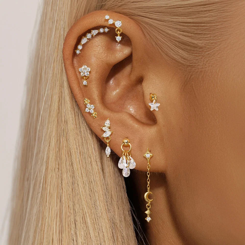 CANNER 1PC Four Pointed Star Moon Tassel Lotus Cartilage Spiral Puncture 925 Sterling Silver Stud Earring For Women Ins Earring Vera Lux