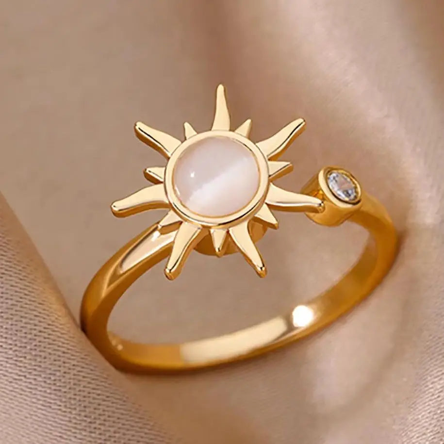 Rotating Sun Opal Ring For Women Stainless Steel Retro Charm Adjustable Open Rings Party Jewelry Best Friend Gift Bijoux Femme Vera Lux