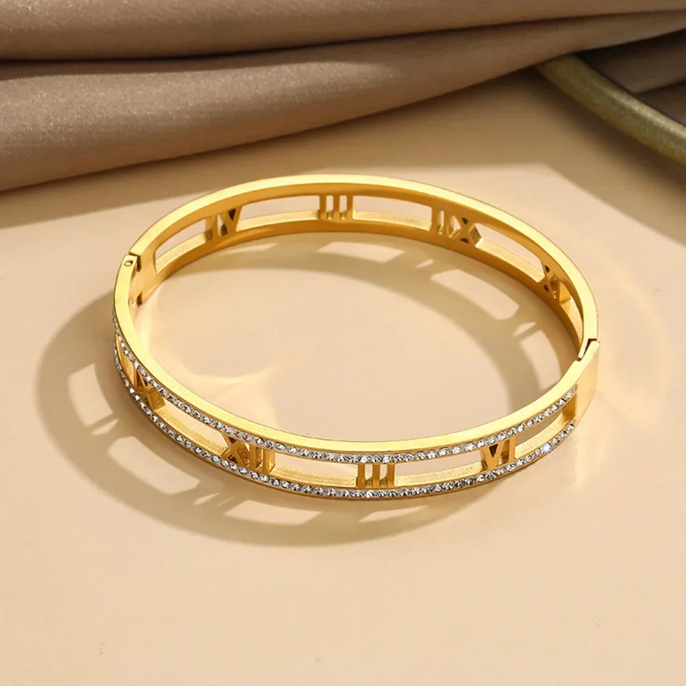 Luxury Crystal Hollow Roman Numeral Bracelets For Women Men Stainless Steel Unisex Bangle Fashion Classic Jewelry Accessories Vera Lux