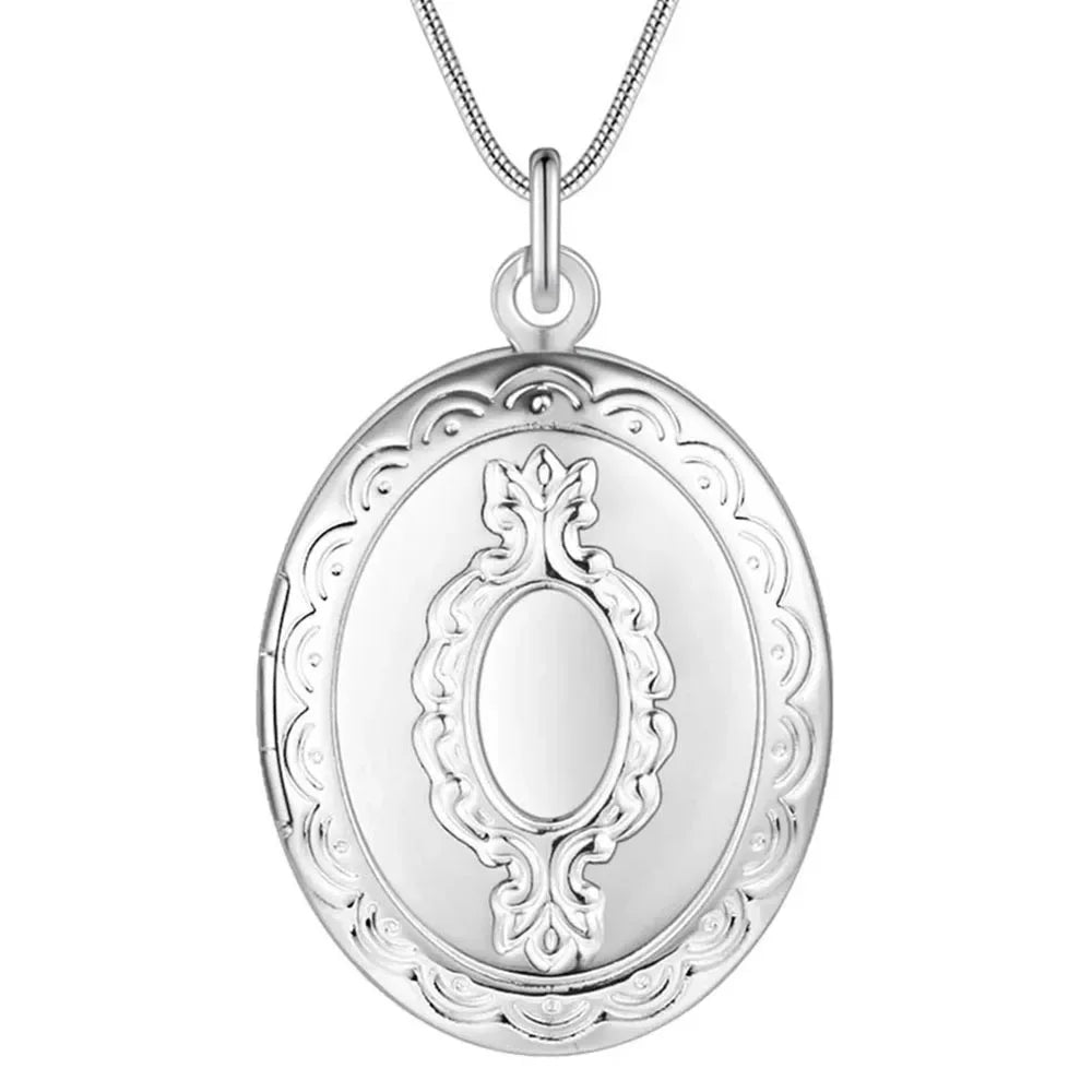 925 Sterling Silver Oval Round Photo Frame Pendant Necklace 18/20-28/30 Inch Snake Chain For Woman Man Wedding Jewelry Vera Lux