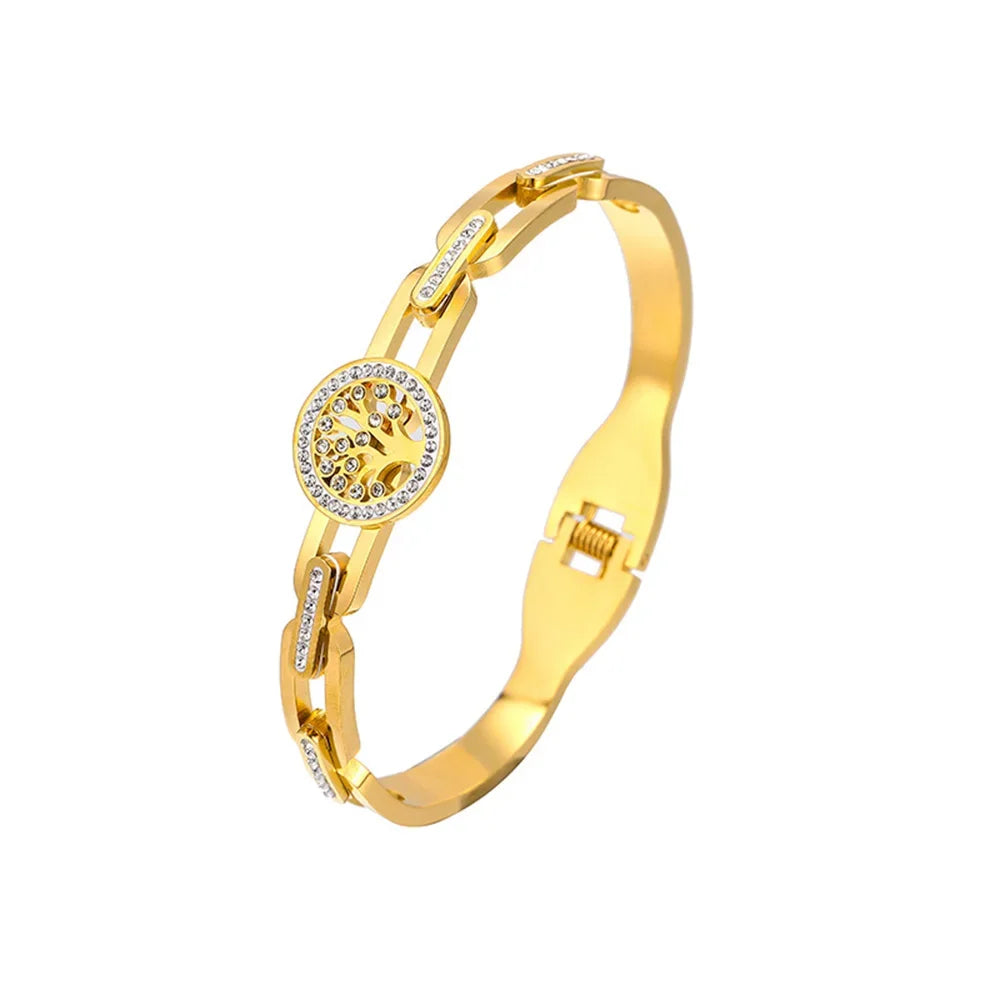 Luxury Stainless Steel Tree of Life Bracelet For Women Men Golden Cubic Zircon No Fade Color Lucky Cuff Bangle Jewelry Vera Lux