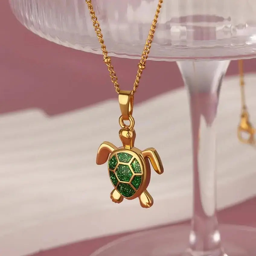 Colored Turtle Pendant Necklace for Women Summer Beach Female Charm Necklace Beads Chain Cute Stainless Steel Jewelry collar Vera Lux