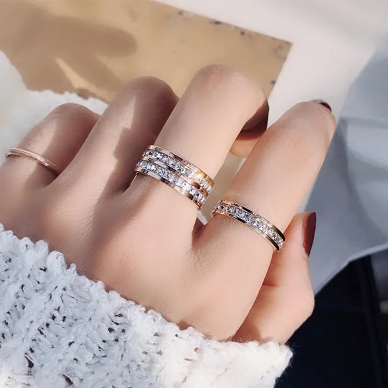 Clear White Stones Wedding Women Ring Stainless Steel 1 and 2 Rows Bling Zircon Fashion Pair Ring Female Jewelry Vera Lux