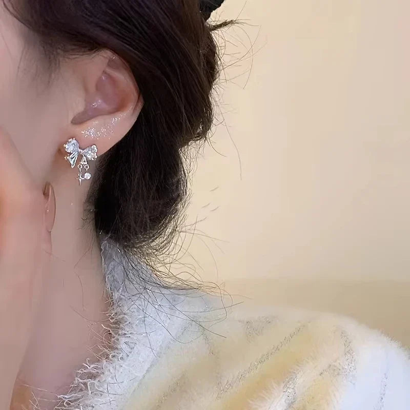 New Y2K Bowknot Zircon Stud Earrings for Women Fashion Korean Silver Color Pink Crystal Personality Earring Party Jewelry Gifts Vera Lux