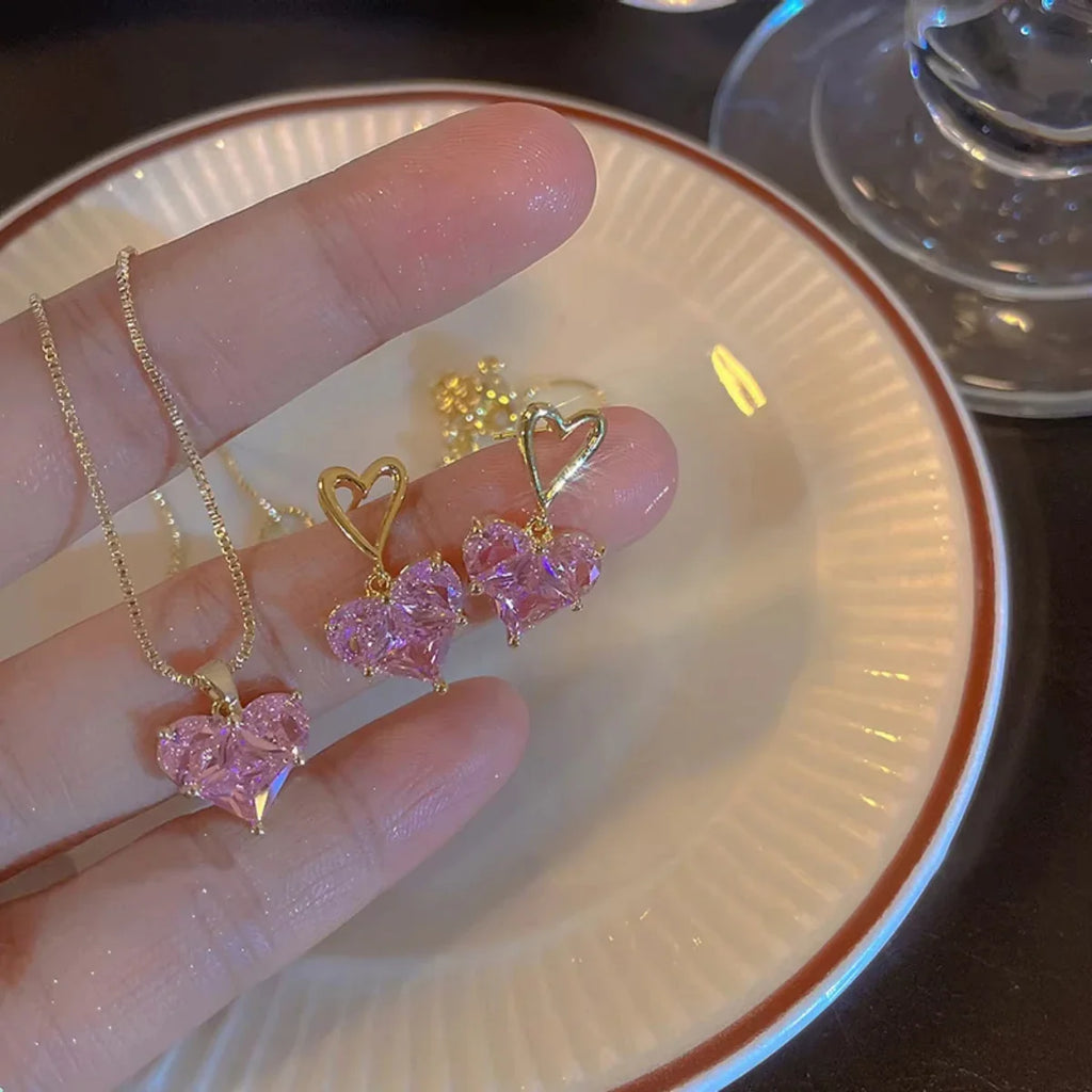 3pcs Trendy Y2k Heart-shaped Zircon Pink Crystal Pendant Earrings Necklaces Set for Women Heart Elegant Exquisite Party Jewelr Vera Lux