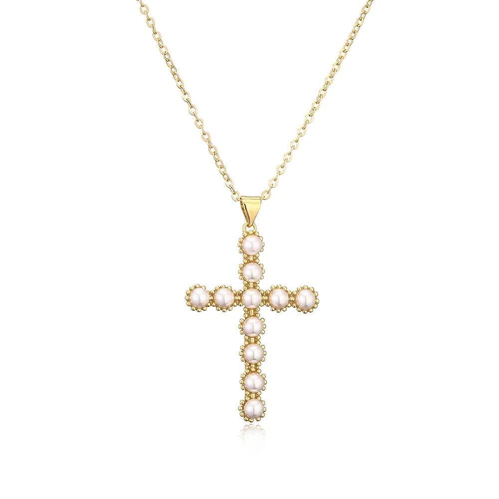 NEWBUY Classic Design Cross Pendant Gold Color 316L Stainless Steel Chain Necklace For Women Luxury Pearl Jewelry Vera Lux