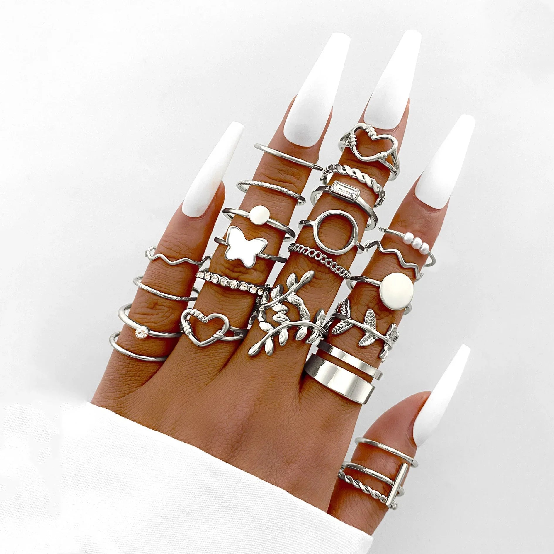 30 PCS Silver Color Geometric Ring Set For Women Vintage Heart Eye Cross Sun And Moon Leaf Charm Finger Ring Female Boho Jewelry Vera Lux