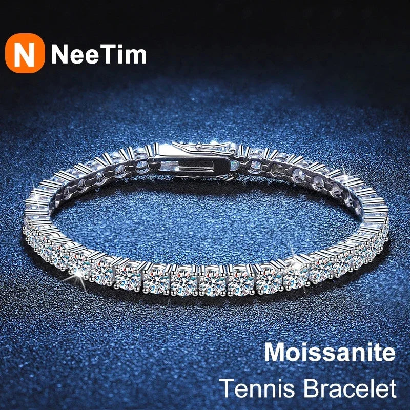 NeeTim 3mm 4mm Moissanite Tennis Bracelets 925 Sterling Silver Full Diamond with Gold Plated Bracelet Fine Jewelry for Women Men Vera Lux