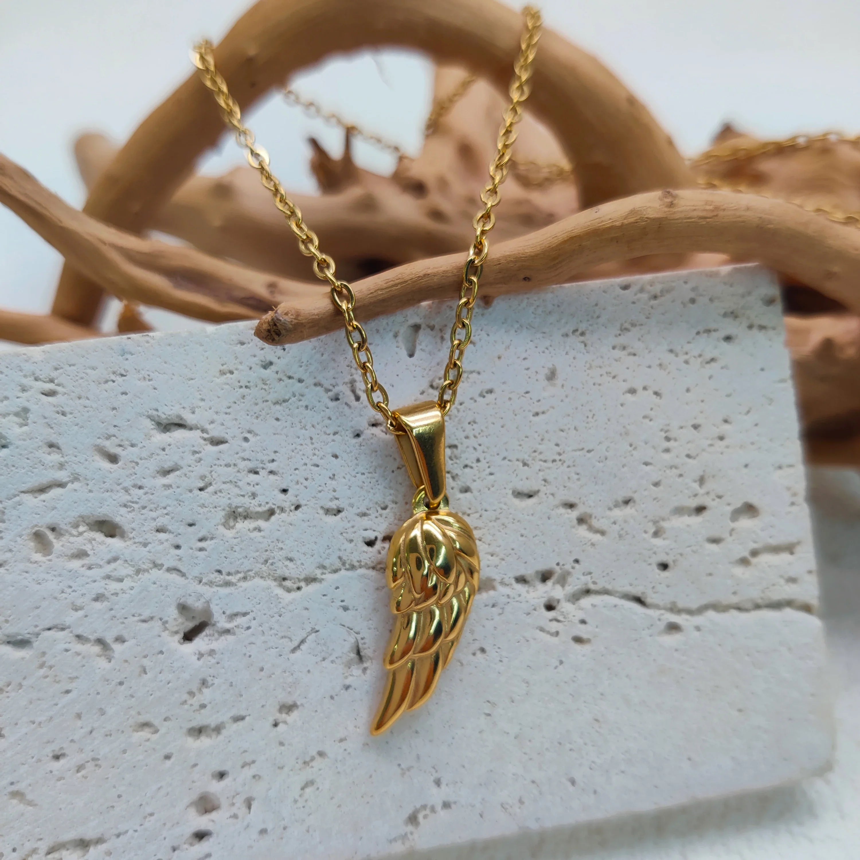 18K Gold Plated Angel Wing Pendant Necklace - Vintage Feather Design for Men, Stainless Steel Chain Jewelry Gift Vera Lux