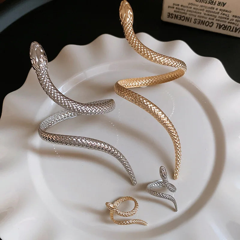 2025 New Arrival Snake Shaped Cuff Bracelet Ring Set for Women Exaggerated Metal Unique Design Bracelet Fashion Jewelry Set Vera Lux