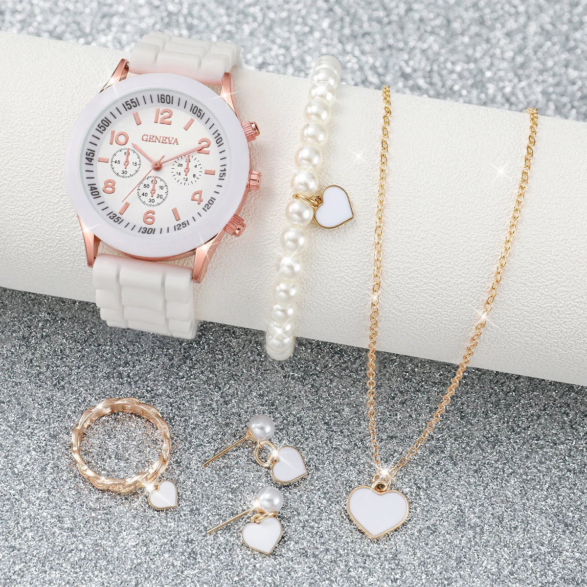 3/6PCS Women's Watches Casual Silicone Band Analog Quartz Watch Heart Pearls Jewelry Set(Without Box) Vera Lux