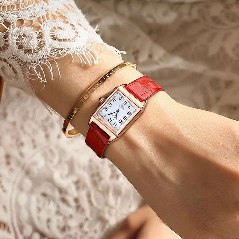 Fashion Women Watches Luxury Metal Rose Gold Square Ladies Quartz Wristwatch Rectangle Red Leather Female Clock Vera Lux