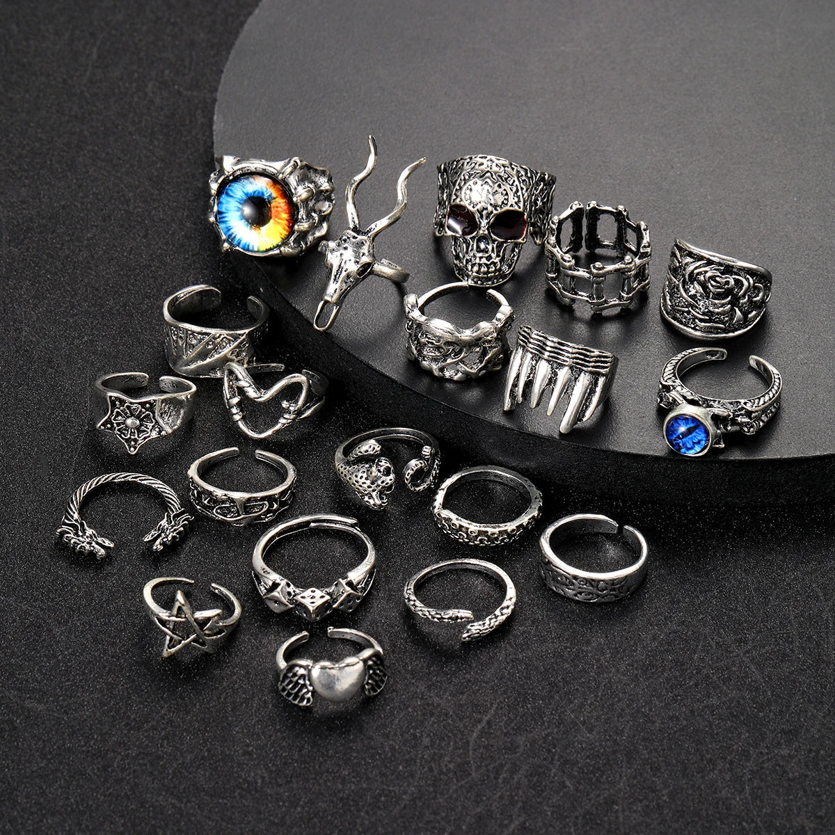 20Pcs/Set Retro Punk Gothic Rings for Women Men Silver Color Heart Evil Eyes Skull Snake Pentagram Rings Set Trendy Jewelry Gift Vera Lux