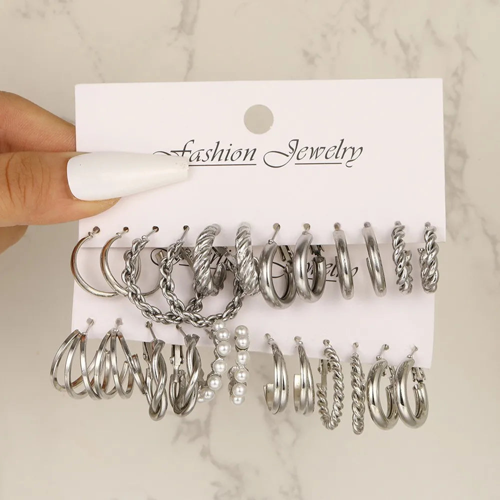 24 Pcs European and American Boho Big Circle Hoop Earring Set for Women Gold Color Vintage Pearl Earring Heart Zircon Jewelry Vera Lux