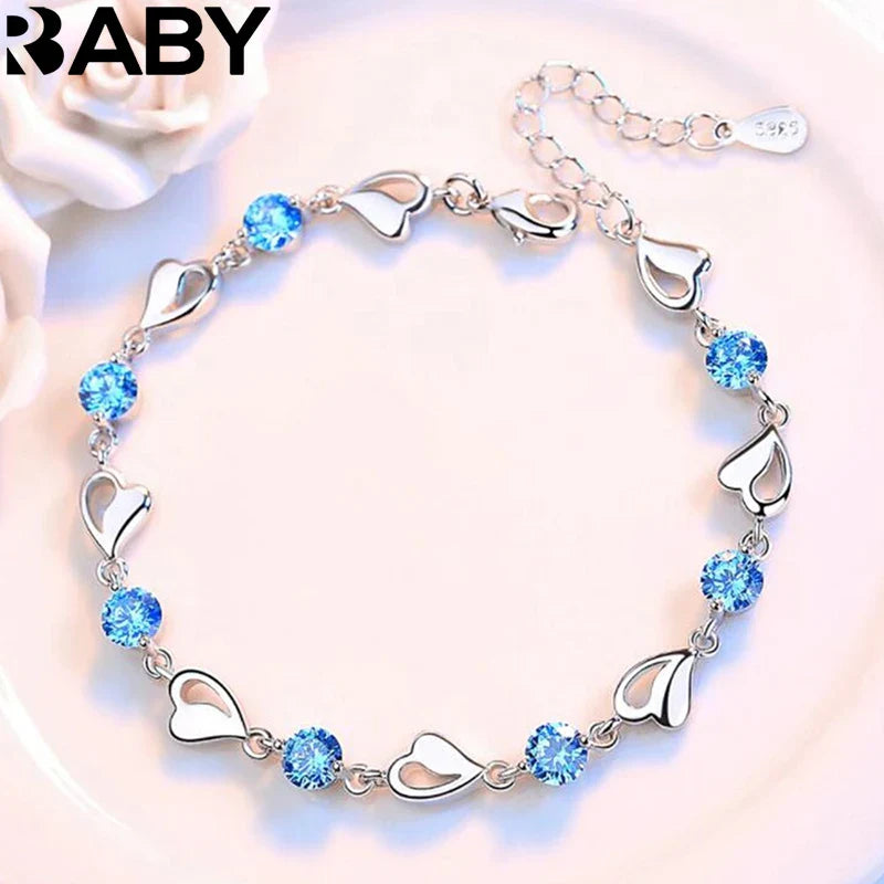 URBABY 925 Sterling Silver Bracelet Jewelry High Quality Retro Heart Wedding Shaped Cubic Zirconia Length 17CM+4CM Vera Lux