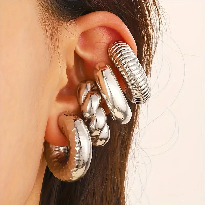Fashion 4pcs C Shaped Acrylic Ear Clip for Women Simple Gold Silver Color No Pierced Round Earrings Punk Female Jewelry Vera Lux