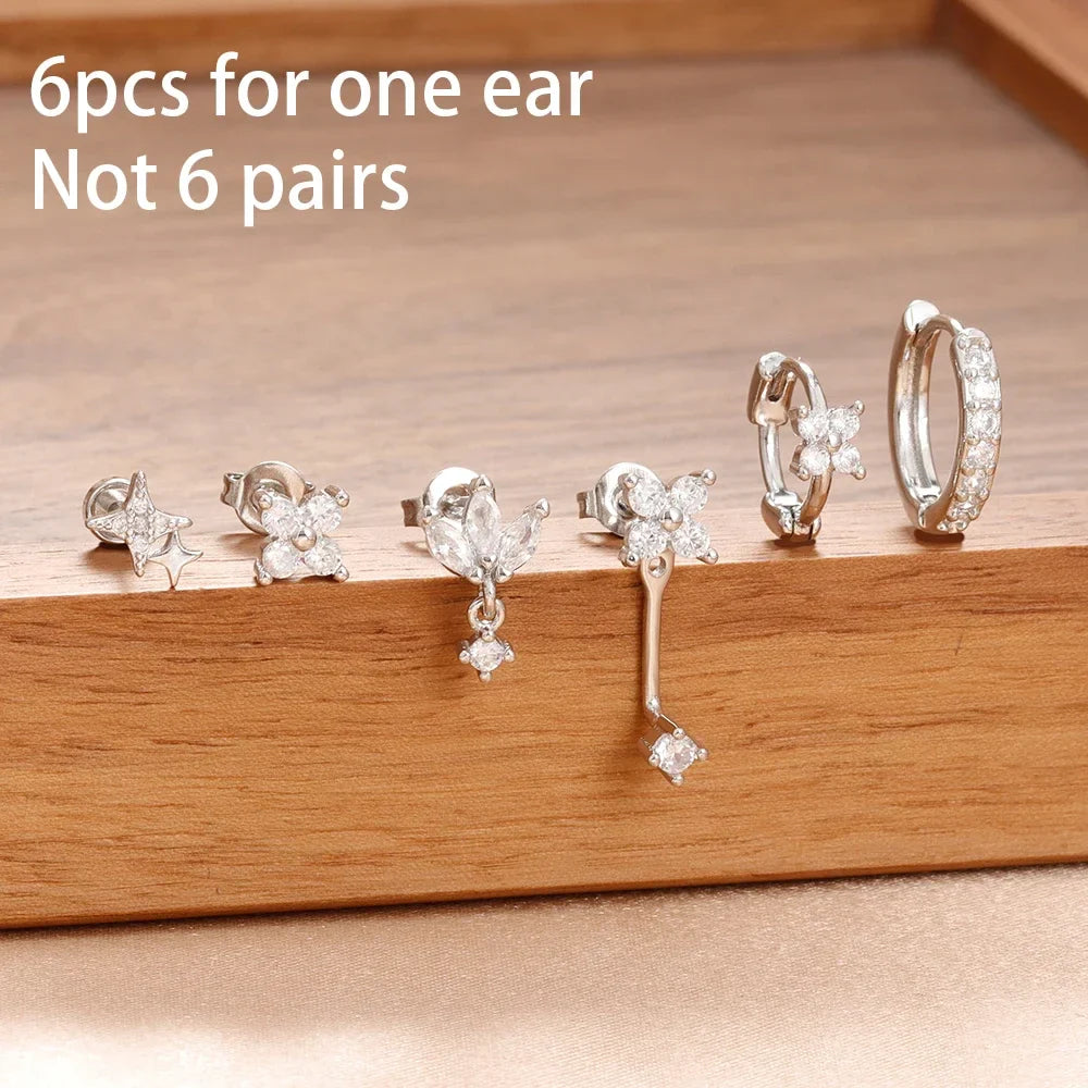 6PCS Fashion Cute Zircon Flower Ear Stud For Women Fashion 18K Gold Plated Star Ear Stud Earring Piercing Girl Set Jewelry Gift Vera Lux