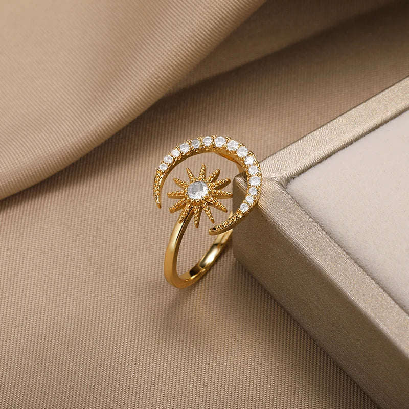 Zircon Star Moon Rings For Women Gold Color Stainless Steel Geometric Star Moon Ring Engagement Wedding Christmas Jewelry Gift Vera Lux