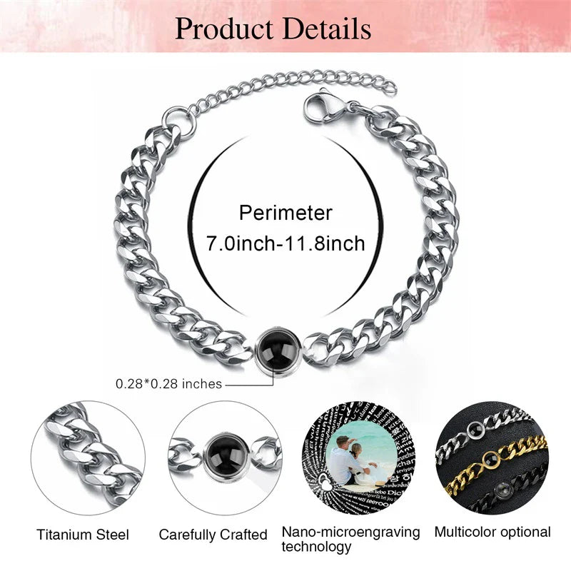 Custom Bracelet with Picture Inside Titanium Steel Cuban Link Chain Bracelet with Personalized Photo Projection for Men Women Vera Lux