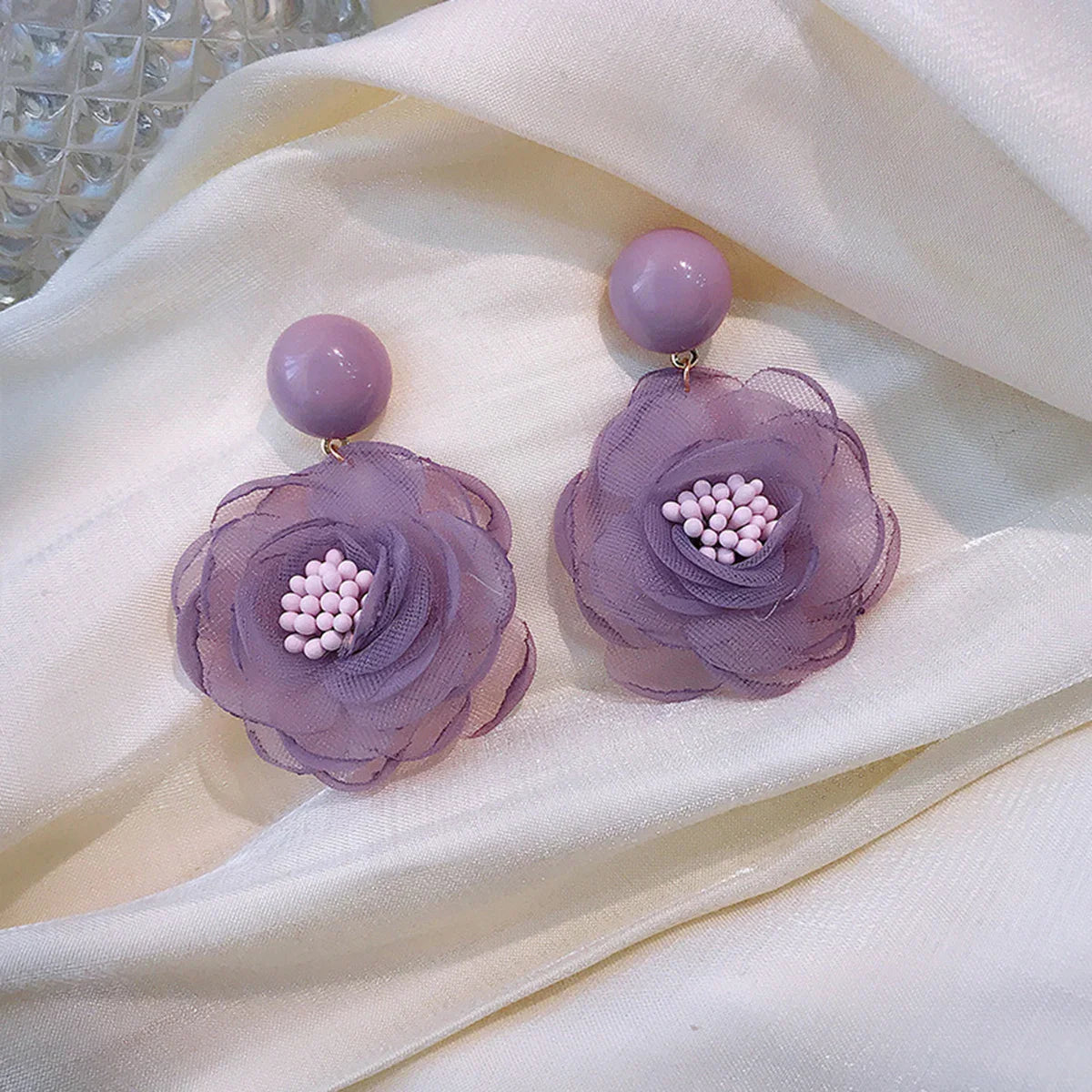 Needle Soft Snowflake Lace Flower Girl Soft Purple Milk Fruit Green Flower Dewdrop Earrings Ear Clips Fresh Sweet Style Ear Stud Vera Lux