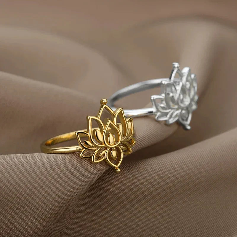 Lotus Flower Rings For Women Stainless Steel Gold Color Hollow Out Ring Fashion Wedding Party Aesthetic Jewelry Gift anillos Vera Lux