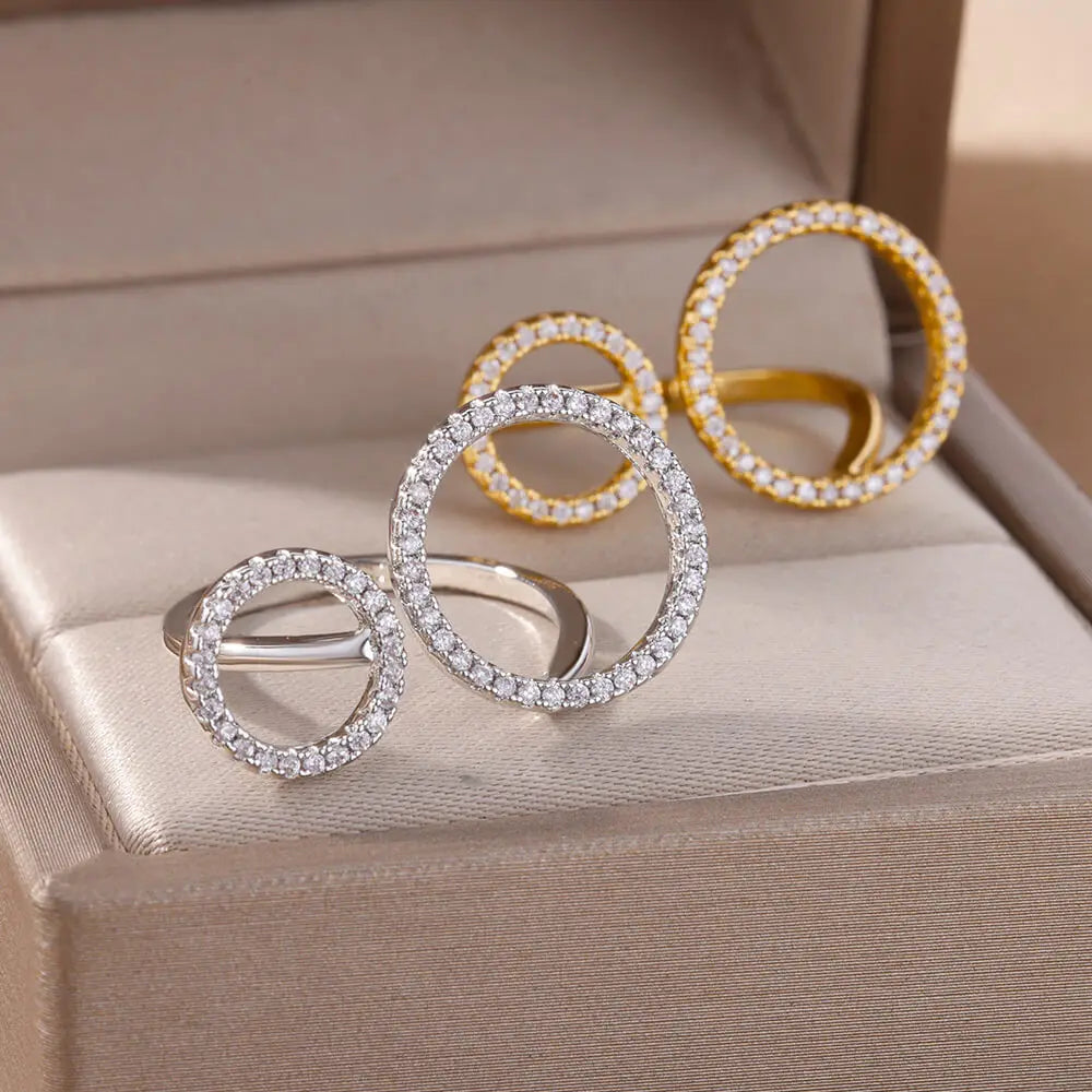 Zircon Double Circle Rings For Women Stainless Steel Adjustable Geometric Circle Ring Wedding Party Aesthetic Jewerly Gift femme Vera Lux