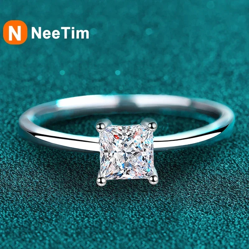 NeeTim 0.6 Carat Princess Moissanite Engagement Ring Women Proposal Bridal Rings Sterling Silver Wedding Band with Certificate Vera Lux