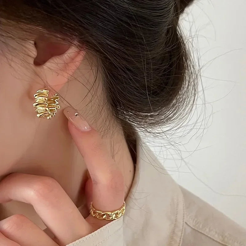 Personality Irregular Wavy Pleated Hoop Earrings for Women New Charm Gold Color Stainless Steel Dangle Jewelry Accessories Gift Vera Lux