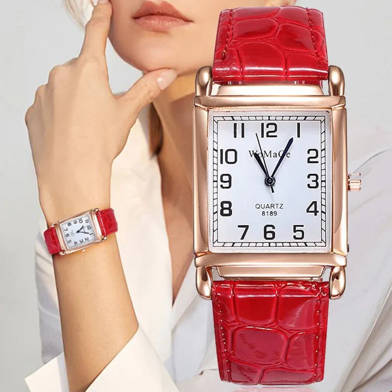 Fashion Women Watches Luxury Metal Rose Gold Square Ladies Quartz Wristwatch Rectangle Red Leather Female Clock Vera Lux