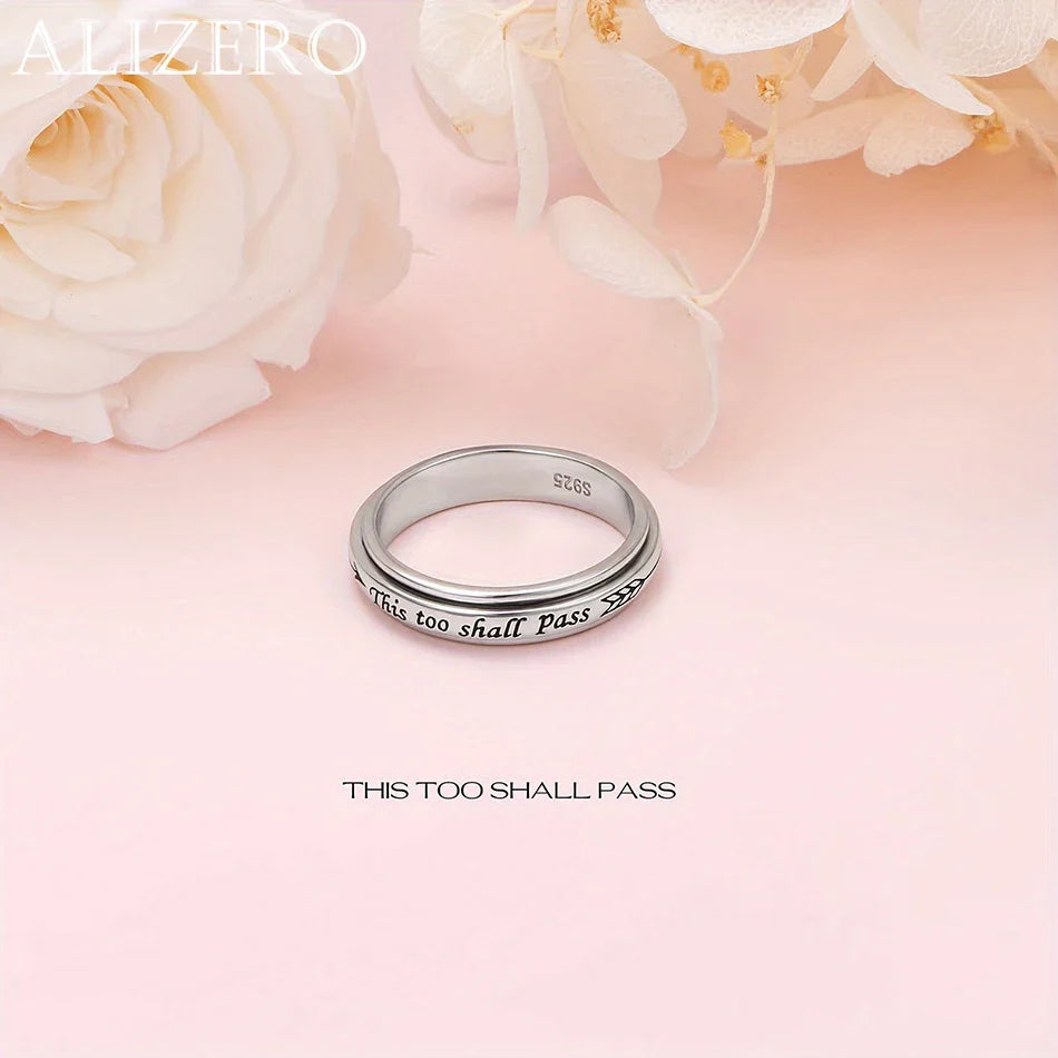 925 Sterling Silver Rotating Ring - "This Too Shall Pass" Quote, Adjustable 6-10 US Size, Bohemian Vintage Style for Women Men Vera Lux