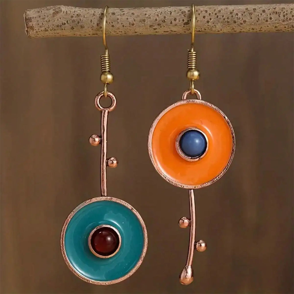 Bronze Metal Painting Pendant Earrings for Women's Ethnic Orange Blue Stone Personalized Earrings Jewelry Accessories Vera Lux