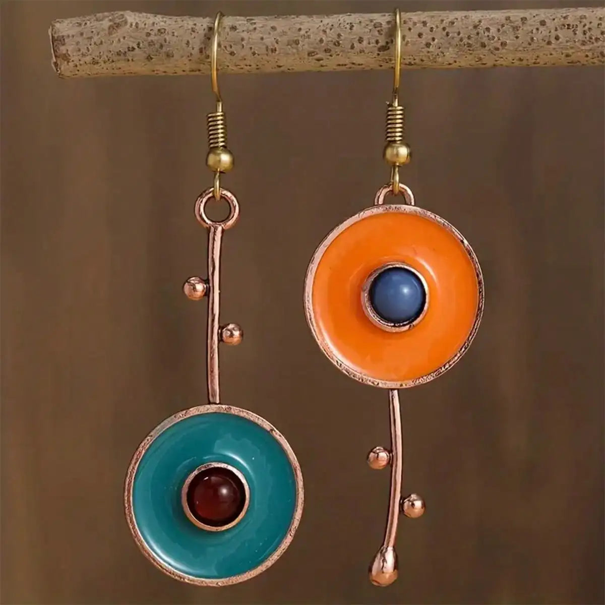 Bronze Metal Painting Pendant Earrings for Women's Ethnic Orange Blue Stone Personalized Earrings Jewelry Accessories Vera Lux