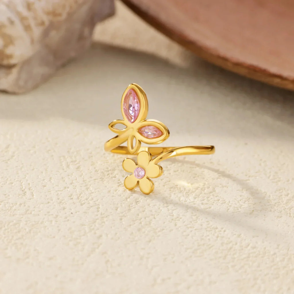 Elegant Zircon Flower Butterfly Rings For Women Gold Color Stainless Steel Flower Adjustable Ring Wedding Christmas Jewelry Gift Vera Lux