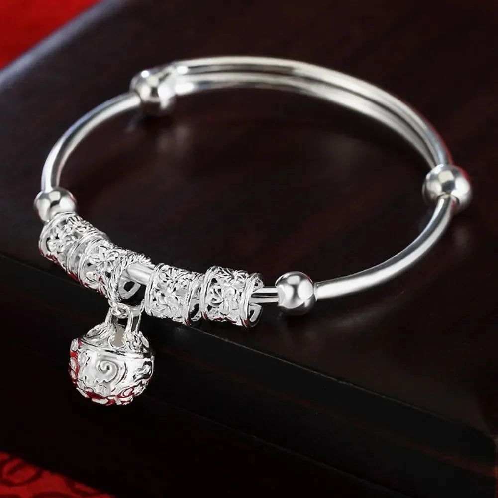 Fine 925 Sterling Silver hollow Bells ball bangles adjustable Bracelets for Women Fashion Holiday gifts Party wedding Jewelry Vera Lux