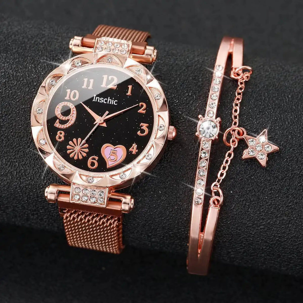 2PCS Fashion Women's Watches Set Magnet Buckle Mesh Strap Analog Quartz Watch Star Bracelet Set Reloj Mujer Vera Lux