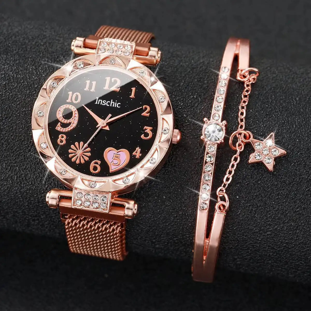 2PCS Fashion Women's Watches Set Magnet Buckle Mesh Strap Analog Quartz Watch Star Bracelet Set Reloj Mujer Vera Lux