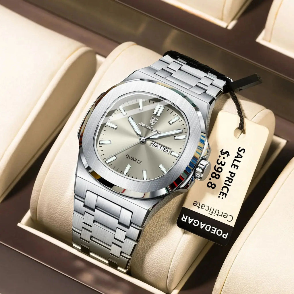 POEDAGAR Trendy Casual Wristwatch For Men Week Date Stainless Steel Man Watch Luminous Waterproof Luxury Quartz Men Watches+Box Vera Lux